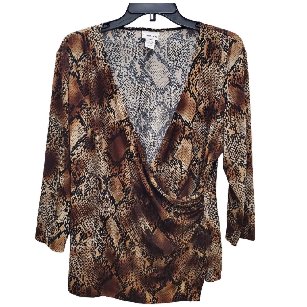 Chico's Vintage Brown Tan Snake Print Liquid Knit 3/4 Sleeve Blouse Sz 2